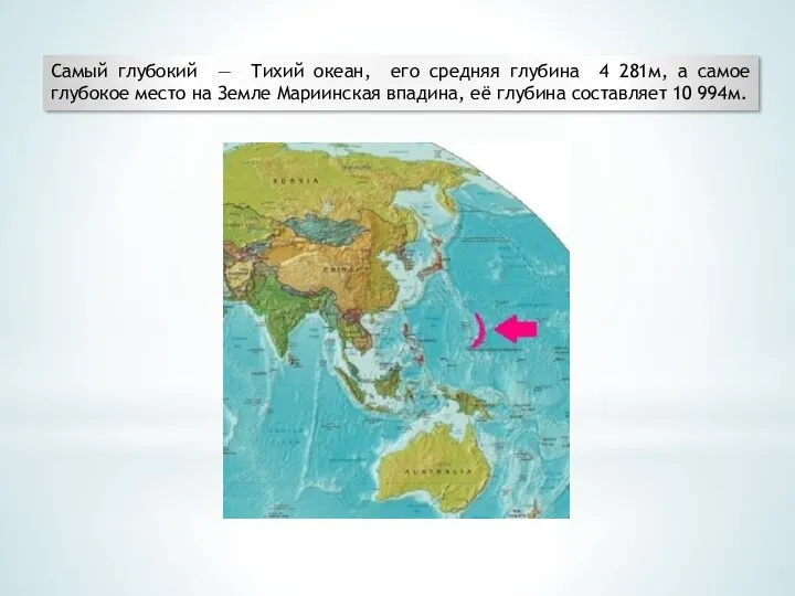 Самый глубокий — Тихий океан, его средняя глубина 4 281м, а
