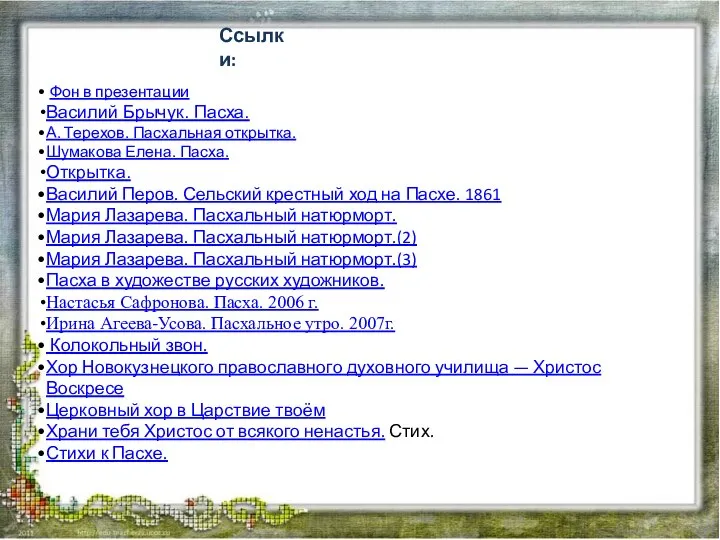 Ссылки: Фон в презентации Василий Брычук. Пасха. А. Терехов. Пасхальная открытка.