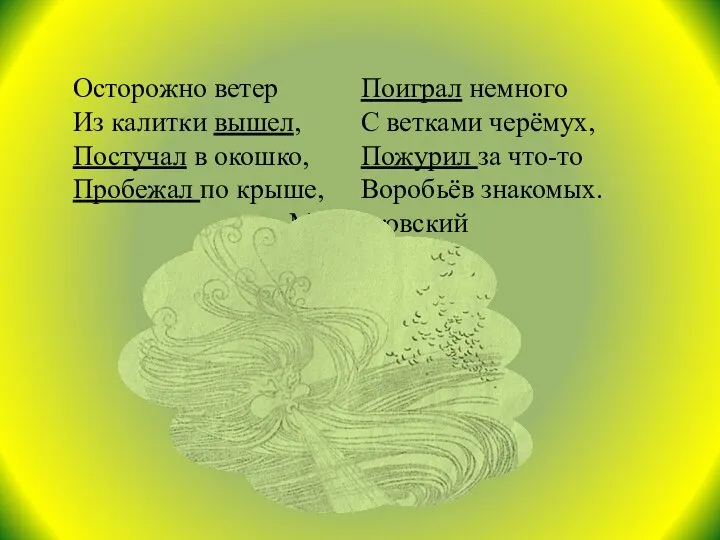 Осторожно ветер Поиграл немного Из калитки вышел, С ветками черёмух, Постучал