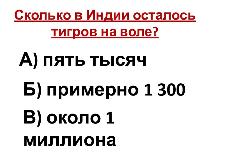 Сколько в Индии осталось тигров на воле? А) пять тысяч Б)