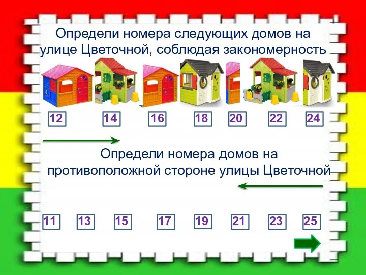 Определи номера следующих домов на улице Цветочной, соблюдая закономерность 12 14