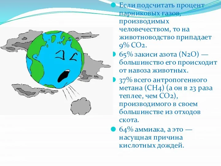 Если подсчитать процент парниковых газов, производимых человечеством, то на животноводство припадает