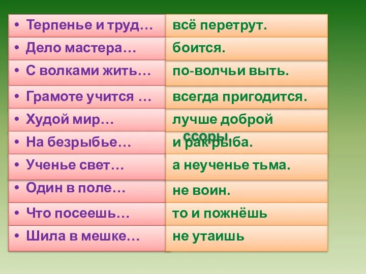 Терпенье и труд… всё перетрут. Дело мастера… С волками жить… Грамоте