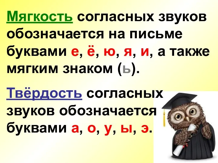 Мягкость согласных звуков обозначается на письме буквами е, ё, ю, я,