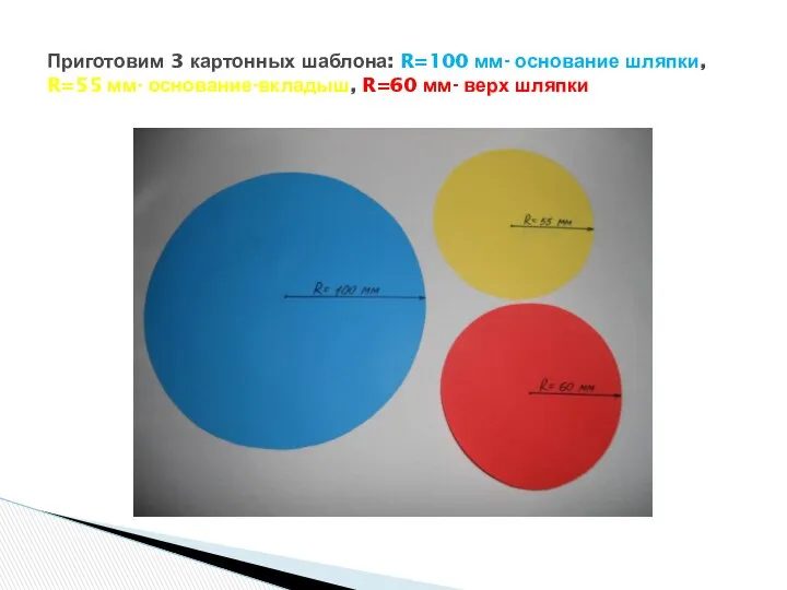 Приготовим 3 картонных шаблона: R=100 мм- основание шляпки, R=55 мм- основание-вкладыш, R=60 мм- верх шляпки