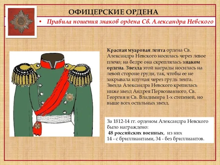 ОФИЦЕРСКИЕ ОРДЕНА Правила ношения знаков ордена Св. Александра Невского Красная муаровая