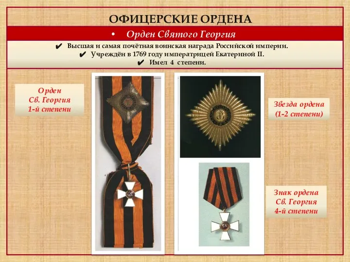 ОФИЦЕРСКИЕ ОРДЕНА Орден Святого Георгия Высшая и самая почётная воинская награда