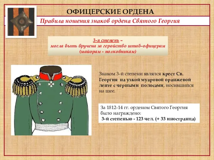 ОФИЦЕРСКИЕ ОРДЕНА Правила ношения знаков ордена Святого Георгия 3-я степень –
