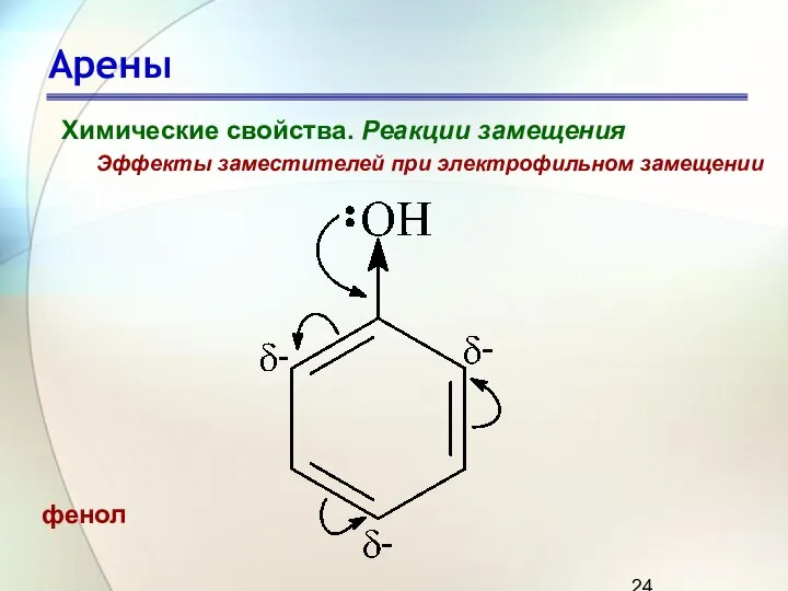 Арены Химические свойства. Реакции замещения Эффекты заместителей при электрофильном замещении фенол