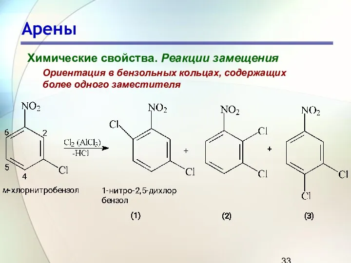 Арены Химические свойства. Реакции замещения Ориентация в бензольных кольцах, содержащих более одного заместителя