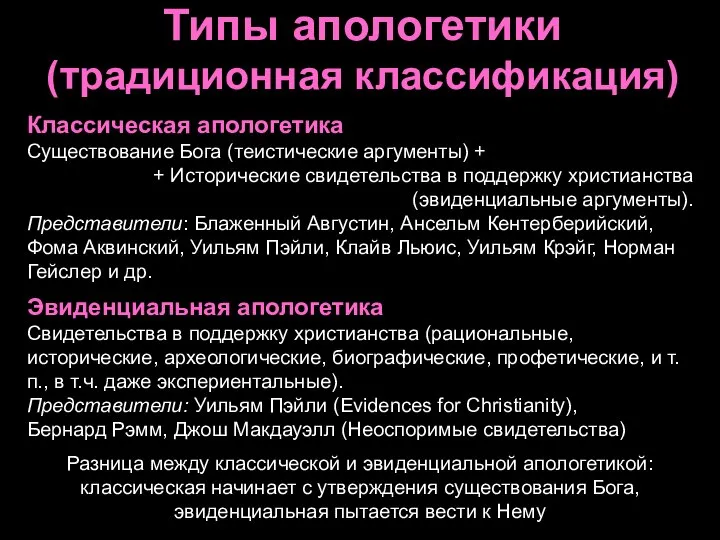 Типы апологетики (традиционная классификация) Классическая апологетика Существование Бога (теистические аргументы) +