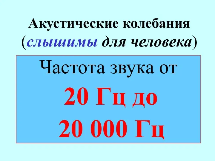 Акустические колебания (слышимы для человека) Частота звука от 20 Гц до 20 000 Гц