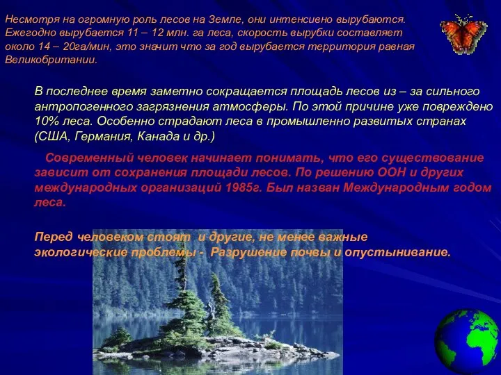 Несмотря на огромную роль лесов на Земле, они интенсивно вырубаются. Ежегодно