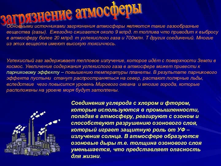 загрязнение атмосферы Основными источниками загрязнения атмосферы являются такие газообразные вещества (газы).