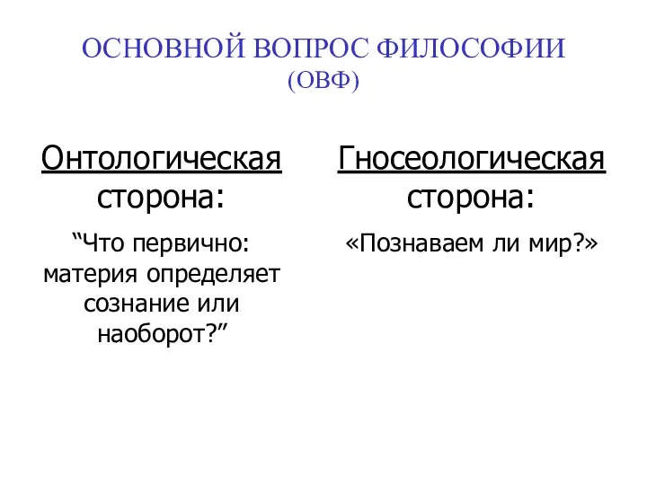 ОСНОВНОЙ ВОПРОС ФИЛОСОФИИ (ОВФ) Онтологическая сторона: “Что первично: материя определяет сознание