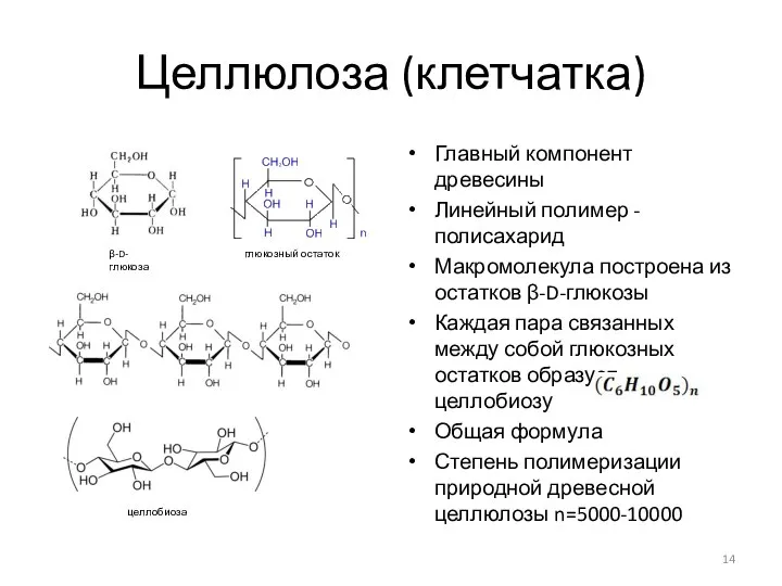 Целлюлоза (клетчатка) Главный компонент древесины Линейный полимер - полисахарид Макромолекула построена