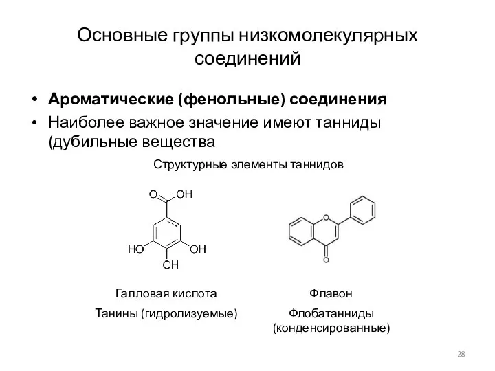 Основные группы низкомолекулярных соединений Ароматические (фенольные) соединения Наиболее важное значение имеют танниды (дубильные вещества