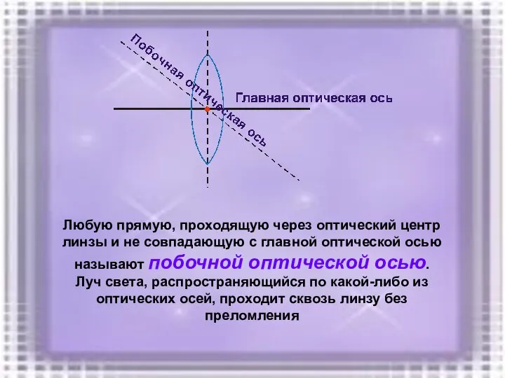 Любую прямую, проходящую через оптический центр линзы и не совпадающую с