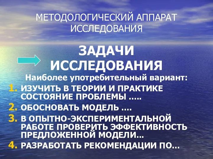 МЕТОДОЛОГИЧЕСКИЙ АППАРАТ ИССЛЕДОВАНИЯ ЗАДАЧИ ИССЛЕДОВАНИЯ Наиболее употребительный вариант: ИЗУЧИТЬ В ТЕОРИИ