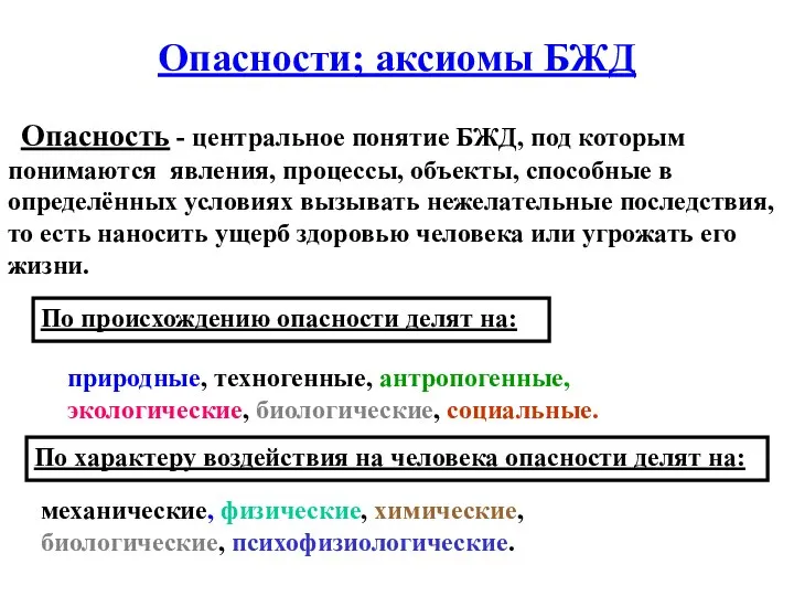 Опасности; аксиомы БЖД Опасность - центральное понятие БЖД, под которым понимаются