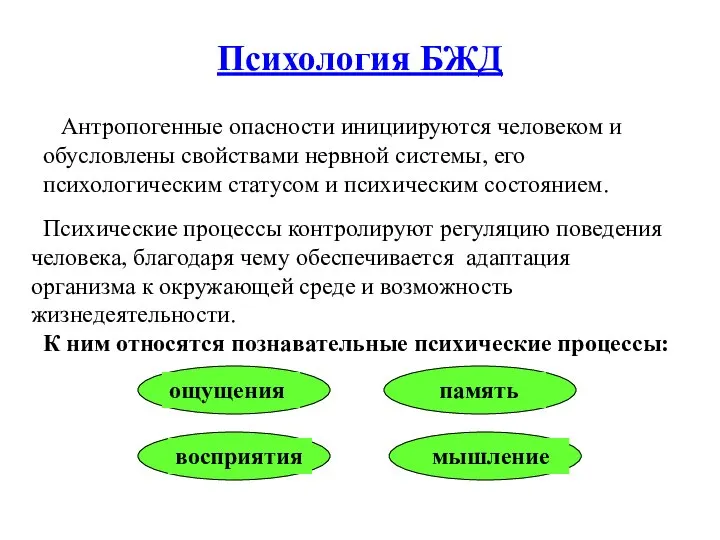 Психология БЖД Антропогенные опасности инициируются человеком и обусловлены свойствами нервной системы,