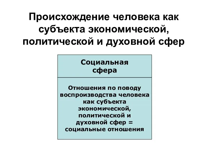 Происхождение человека как субъекта экономической, политической и духовной сфер Социальная сфера