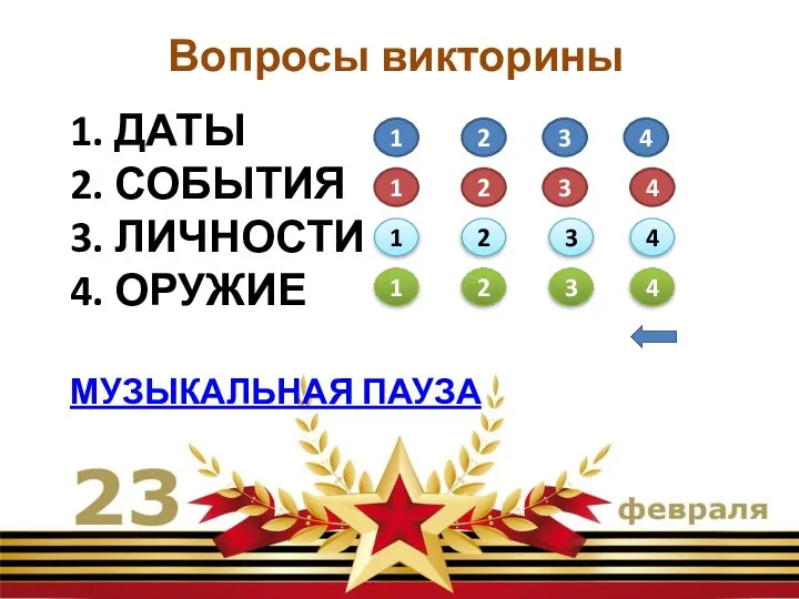 1. ДАТЫ 2. СОБЫТИЯ 3. ЛИЧНОСТИ 4. ОРУЖИЕ МУЗЫКАЛЬНАЯ ПАУЗА Вопросы