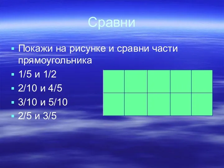 Сравни Покажи на рисунке и сравни части прямоугольника 1/5 и 1/2