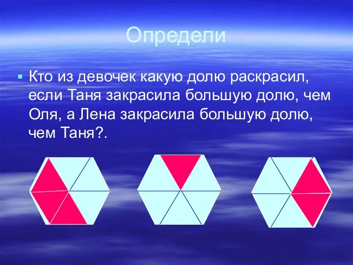 Определи Кто из девочек какую долю раскрасил, если Таня закрасила большую