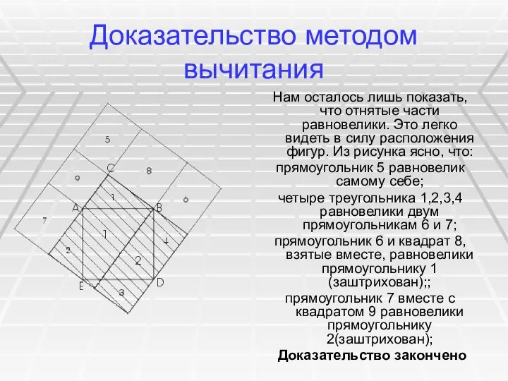 Доказательство методом вычитания Нам осталось лишь показать, что отнятые части равновелики.