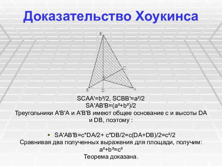 Доказательство Хоукинсa SCAA'=b²/2, SCBB'=a²/2 SA'AB'B=(a²+b²)/2 Треугольники A'В'А и A'В'В имеют общее