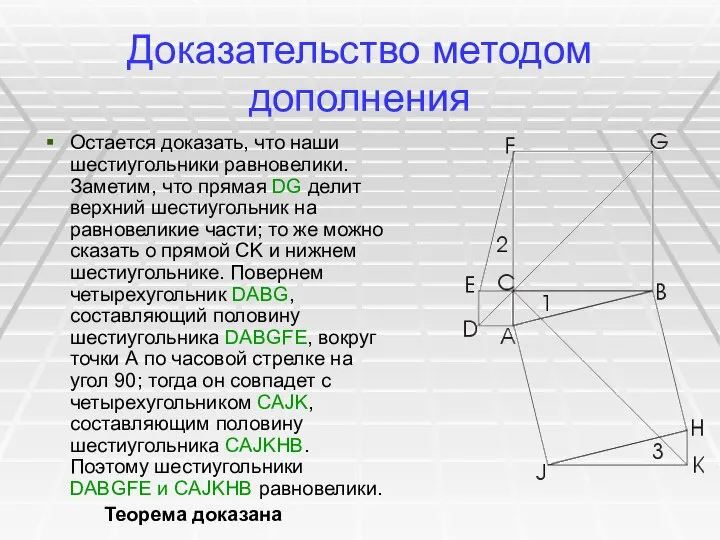 Доказательство методом дополнения Остается доказать, что наши шестиугольники равновелики. Заметим, что