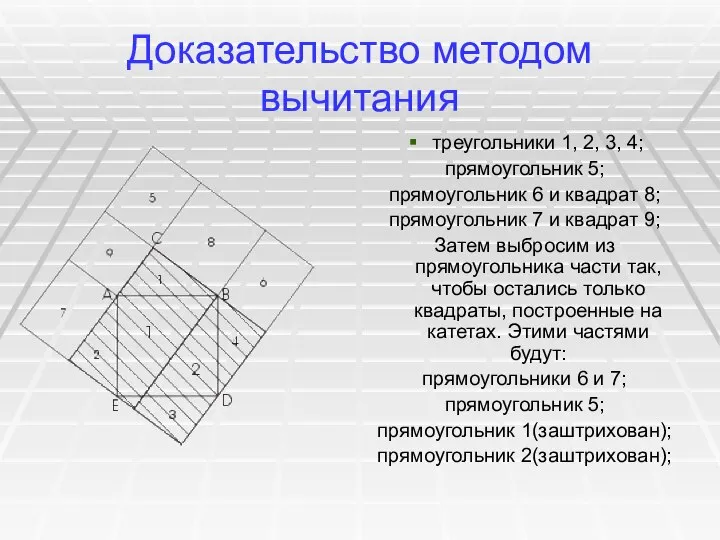Доказательство методом вычитания треугольники 1, 2, 3, 4; прямоугольник 5; прямоугольник