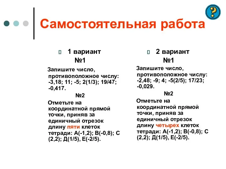 Самостоятельная работа 1 вариант №1 Запишите число, противоположное числу: -3,18; 11;