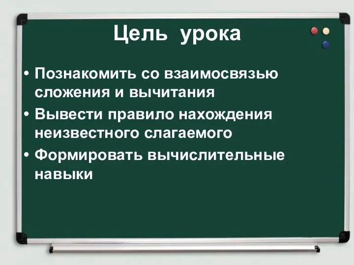 Цель урока Познакомить со взаимосвязью сложения и вычитания Вывести правило нахождения неизвестного слагаемого Формировать вычислительные навыки