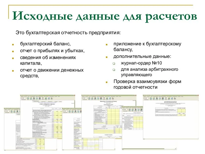 Исходные данные для расчетов бухгалтерский баланс, отчет о прибылях и убытках,