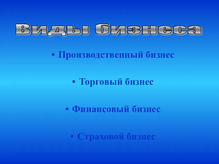 Виды бизнеса Производственный бизнес Торговый бизнес Финансовый бизнес Страховой бизнес