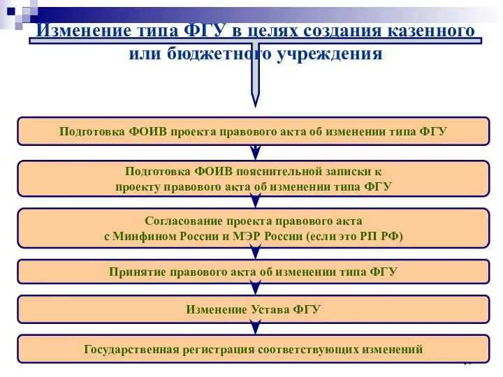 Изменение типа ФГУ в целях создания казенного или бюджетного учреждения Подготовка