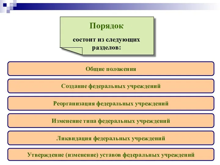 Порядок состоит из следующих разделов: Общие положения Создание федеральных учреждений Реорганизация