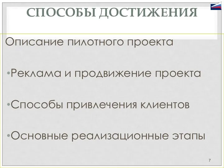 СПОСОБЫ ДОСТИЖЕНИЯ Описание пилотного проекта Реклама и продвижение проекта Способы привлечения клиентов Основные реализационные этапы