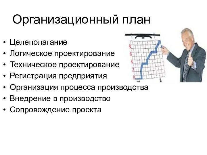 Организационный план Целеполагание Логическое проектирование Техническое проектирование Регистрация предприятия Организация процесса