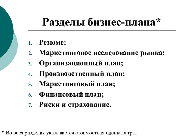 Разделы бизнес-плана* Резюме; Маркетинговое исследование рынка; Организационный план; Производственный план; Маркетинговый