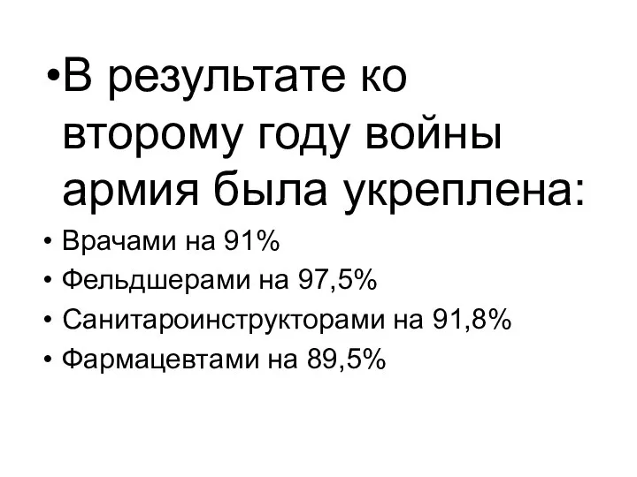 В результате ко второму году войны армия была укреплена: Врачами на