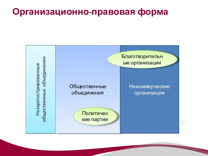 Организационно-правовая форма Общественные объединения Некоммерческие организации Благотворительные организации Политические партии