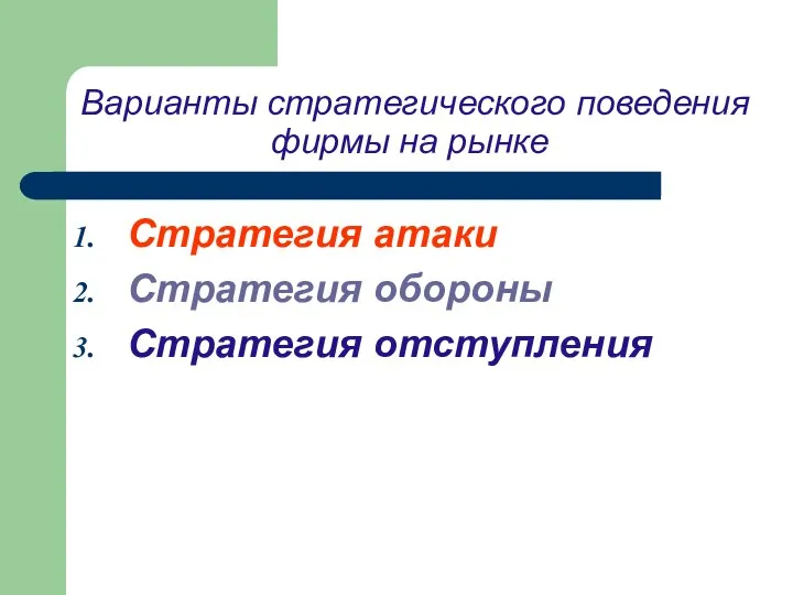 Варианты стратегического поведения фирмы на рынке Стратегия атаки Стратегия обороны Стратегия отступления