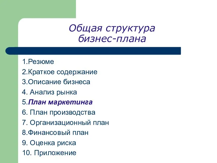 Общая структура бизнес-плана 1.Резюме 2.Краткое содержание 3.Описание бизнеса 4. Анализ рынка