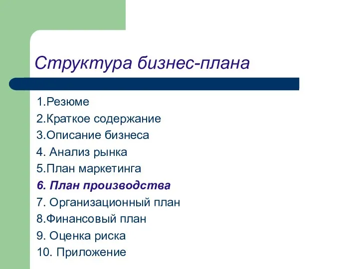 Структура бизнес-плана 1.Резюме 2.Краткое содержание 3.Описание бизнеса 4. Анализ рынка 5.План