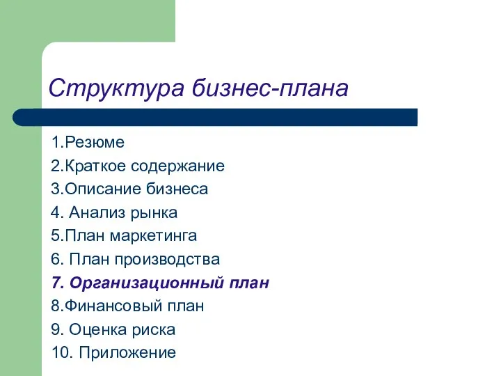 Структура бизнес-плана 1.Резюме 2.Краткое содержание 3.Описание бизнеса 4. Анализ рынка 5.План