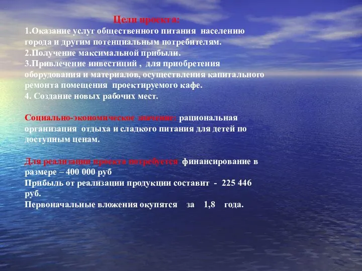 Цели проекта: 1.Оказание услуг общественного питания населению города и другим потенциальным