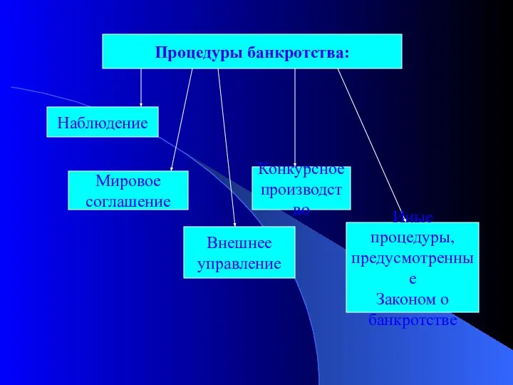 Процедуры банкротства: Наблюдение Мировое соглашение Внешнее управление Конкурсное производство Иные процедуры, предусмотренные Законом о банкротстве